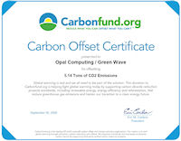 Carbon Offset Certificate from certified, non-profit CarbonFund.org; click for larger image