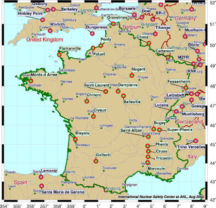Nuclear power plants in France and immediately surrounding regions