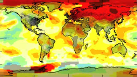 Map showing that the larger heat increases do not correspond to urban heat islands; click to see the video