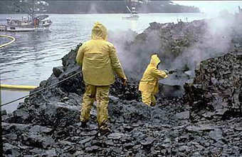 Trying to clean oil after the Exxon Valdez disaster; click to read about illnesses at Exxon Valdez cleanup and Gulf cleanup